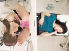 産婦人科での診察中、ムチムチ黒髪美女がレズ医師に嘘をついてエッチな触診を受け、ハメ撮りされる。